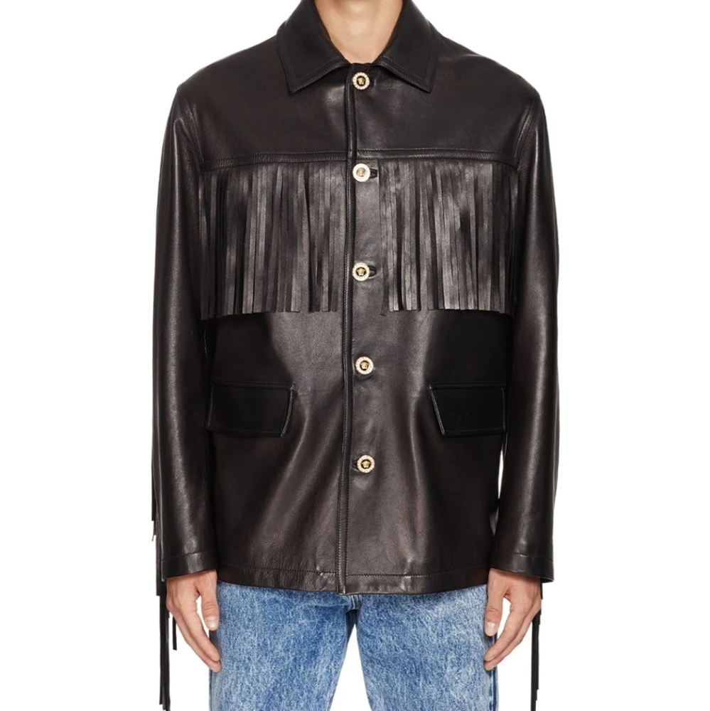 Versace fringe Leather jacket 56it NWT - Picture 1 of 15